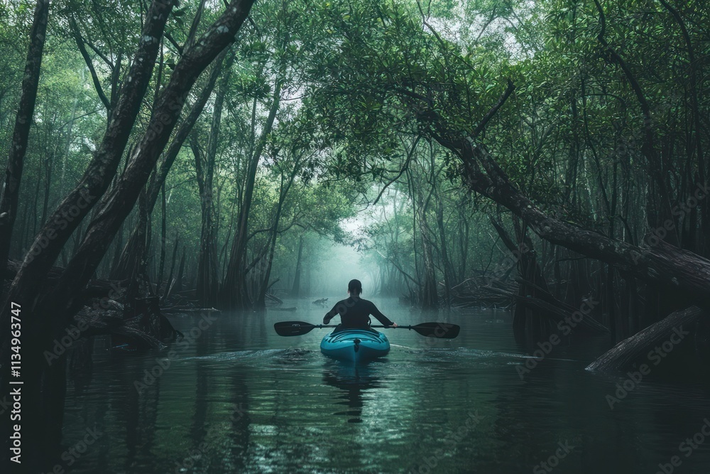 Person kayaking through a misty mangrove forest. Person kayaking through a misty mangrove forest.