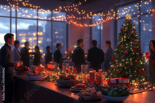 Colleagues enjoying christmas party at the office with decorated tree and buffet
