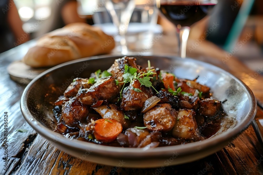 A rustic plate of civet de lapin with tender rabbit, carrots, onions, and rich red wine sauce on a wooden table in a cozy French tavern, warm lighting A rustic plate of civet de lapin with tender rabbit, carrots, onions, and rich red wine sauce on a wooden table in a cozy French tavern, warm lighting