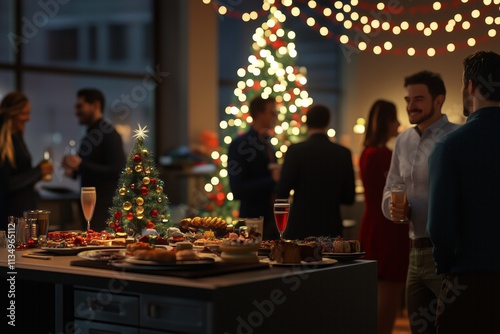 Coworkers celebrating christmas party with food and drinks