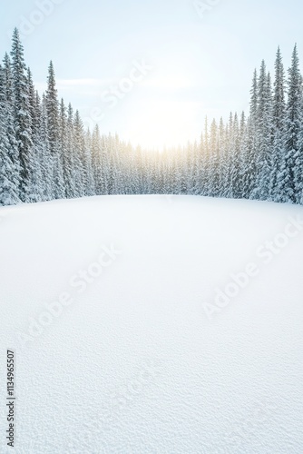 peaceful snowy clearing surrounded by dense winter forest with sunlight breaking through casting soft golden highlights