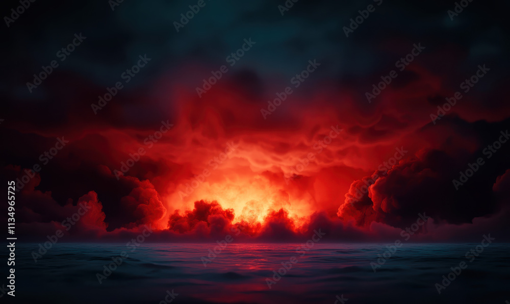 Dramatic Red Horizon: Captivating Fire and Cloud Spectacle Over Serene Ocean Waters at Dusk