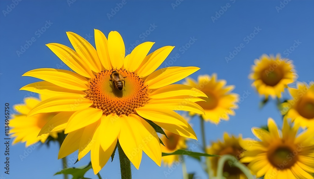 Close-Up of Vibrant Sunflower with Honeybee and Blue Sky Close-Up of Vibrant Sunflower with Honeybee and Blue Sky