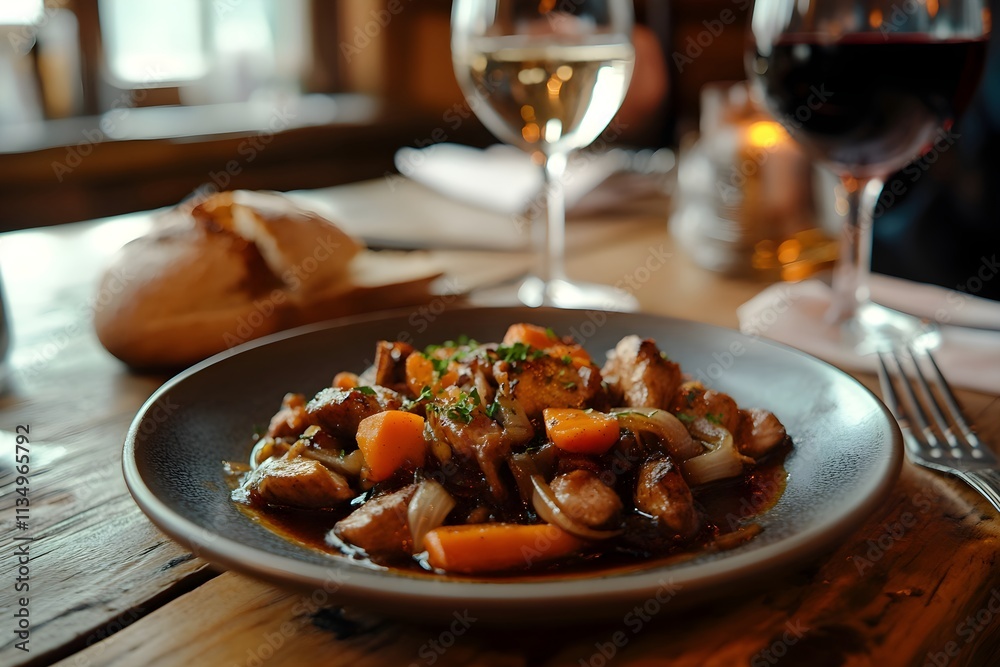A rustic plate of civet de lapin with tender rabbit, carrots, onions, and rich red wine sauce on a wooden table in a cozy French tavern, warm lighting