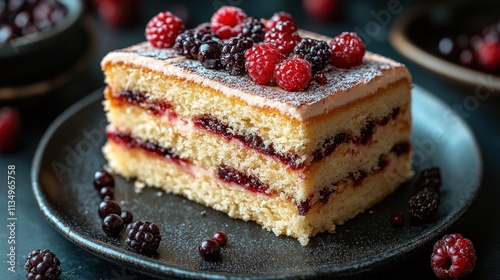 A delightful layered cake topped with vibrant raspberries and blackberries on a fluffy base