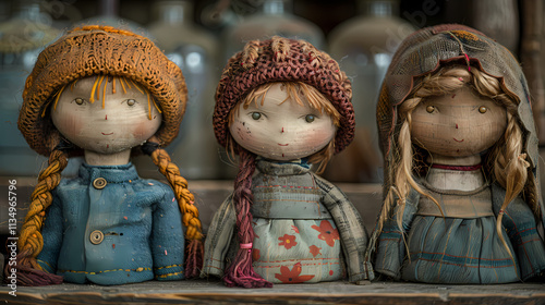 Three Handmade Rag Dolls: Three unique handmade rag dolls, each with distinct features, clothing, and hairstyles, sit in a row, creating a charming and nostalgic scene.  The dolls exhibit a rustic.