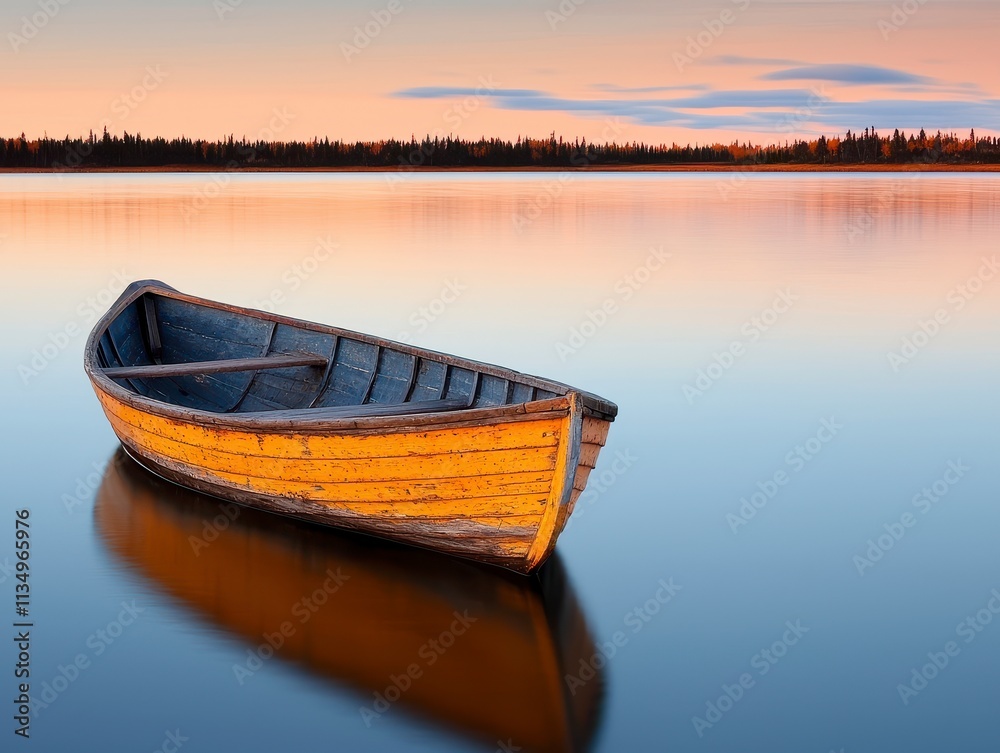 Serene Sunset Over Calm Lake With Rowboat Serene Sunset Over Calm Lake With Rowboat
