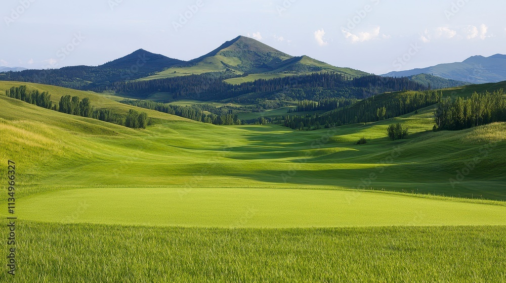 Serene Green Valley Landscape with Rolling Hills and Mountains Serene Green Valley Landscape with Rolling Hills and Mountains
