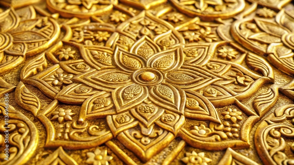 Intricate Golden Floral Design Carved into a Surface with a Central Flower Motif and Detailed Patterns Intricate Golden Floral Design Carved into a Surface with a Central Flower Motif and Detailed Patterns
