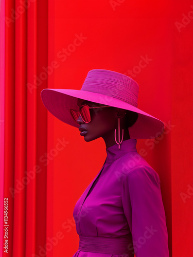 supermodel, minimalistic, in red and purple, outfit, sunglasses, headdress, famous designer, vertical, one person,