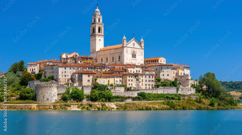 Picturesque Hilltop Town by Serene Lake under Sunny Skies Picturesque Hilltop Town by Serene Lake under Sunny Skies
