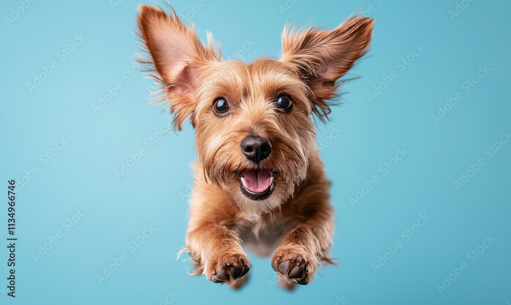 Joyful Puppy Jumping with Delightful Expression Against a Blue Background Capturing Playful Energy and Enthusiasm Joyful Puppy Jumping with Delightful Expression Against a Blue Background Capturing Playful Energy and Enthusiasm