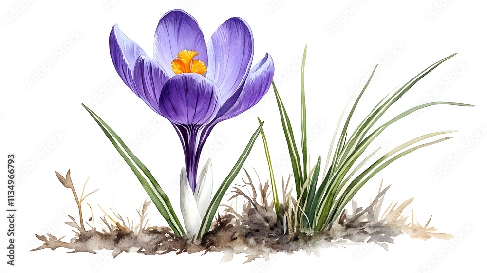 Naklejka premium Vibrant Purple Crocus Blooming Amidst Fresh Green Grass with Visible Soil and Natural Landscape Background Captured in Beautiful Watercolor Style