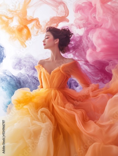 Vibrant dancer in flowing fabric surrounded by colorful smoke creates a dreamlike atmosphere