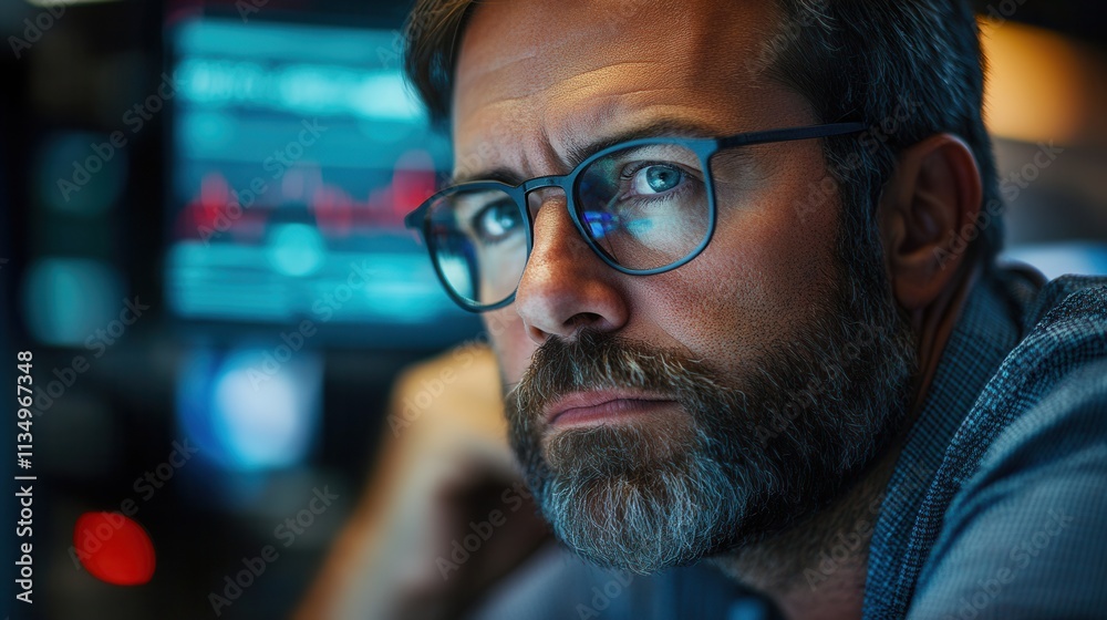 A focused man with glasses gazes intently at screens displaying data, reflecting a serious and analytical atmosphere. A focused man with glasses gazes intently at screens displaying data, reflecting a serious and analytical atmosphere.