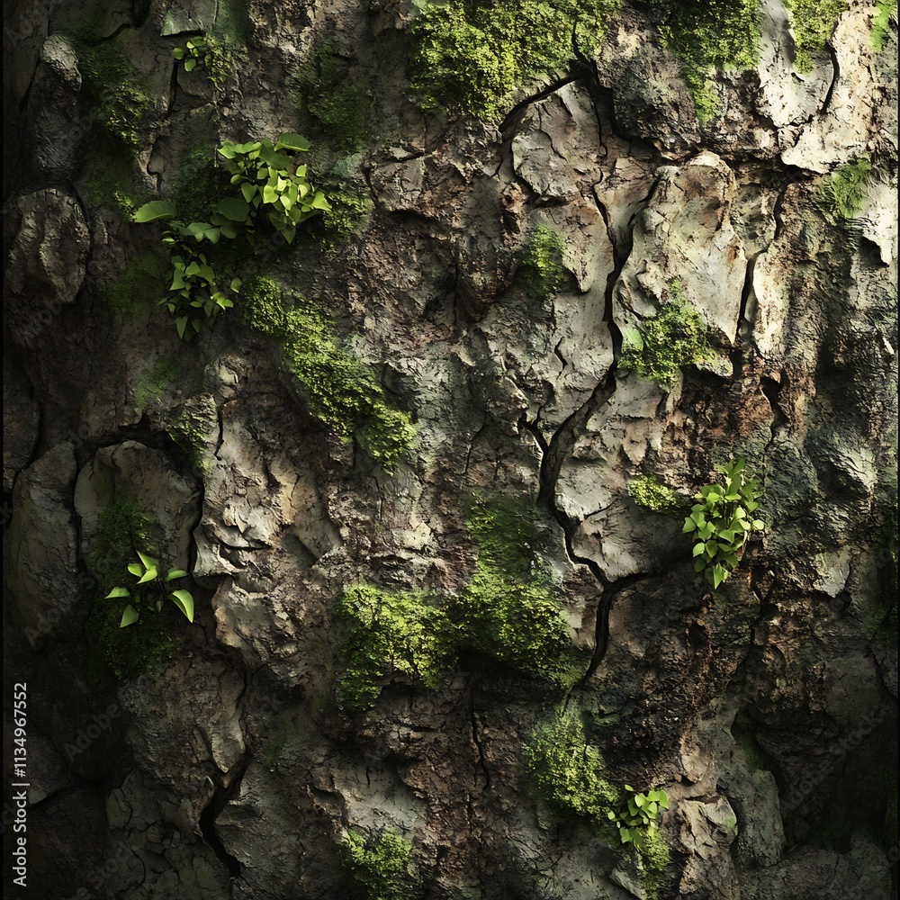 Verdant Forest Texture with Mossy Bark and Foliage Details Verdant Forest Texture with Mossy Bark and Foliage Details