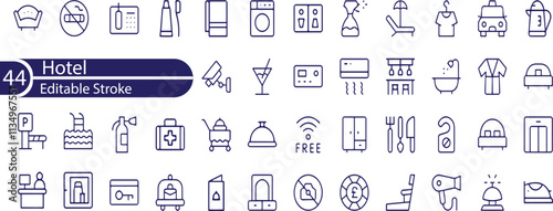 Hotel and hostel service and hospitality editable stroke outline icons set isolated on white background flat vector illustration icons set.