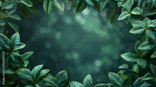 Lush Green Foliage Frame: A vibrant frame of lush green leaves creates a captivating border, showcasing a softly blurred background of deep green tones, perfect for showcasing text or imagery.