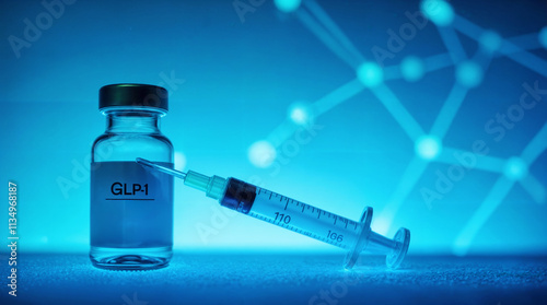 GLP-1 pharmaceutical vial and sterile syringe on blue background with molecular structure, medical product photography showcasing diabetes treatment