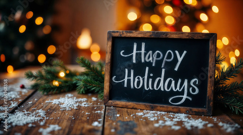 Rustic chalkboard with "Happy Holidays" message on wooden table, surrounded by pine branches, fake snow, and warm Christmas lights in background