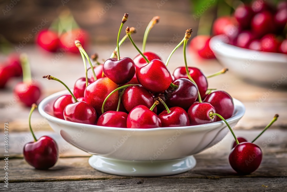 Fresh and Juicy Red Cherries on a White Dish Against a Soft Focus Background, Perfect for Food Photography and Culinary Inspiration Fresh and Juicy Red Cherries on a White Dish Against a Soft Focus Background, Perfect for Food Photography and Culinary Inspiration