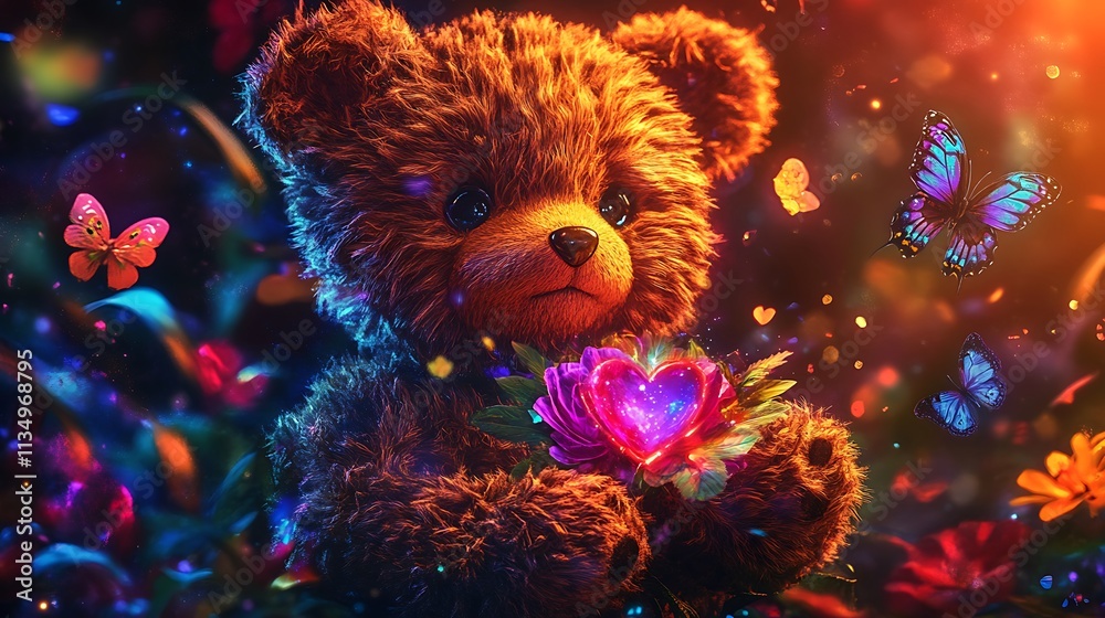 A Fuzzy Brown Teddy Bear Holds a Glowing Heart Amidst a Magical Garden A Fuzzy Brown Teddy Bear Holds a Glowing Heart Amidst a Magical Garden