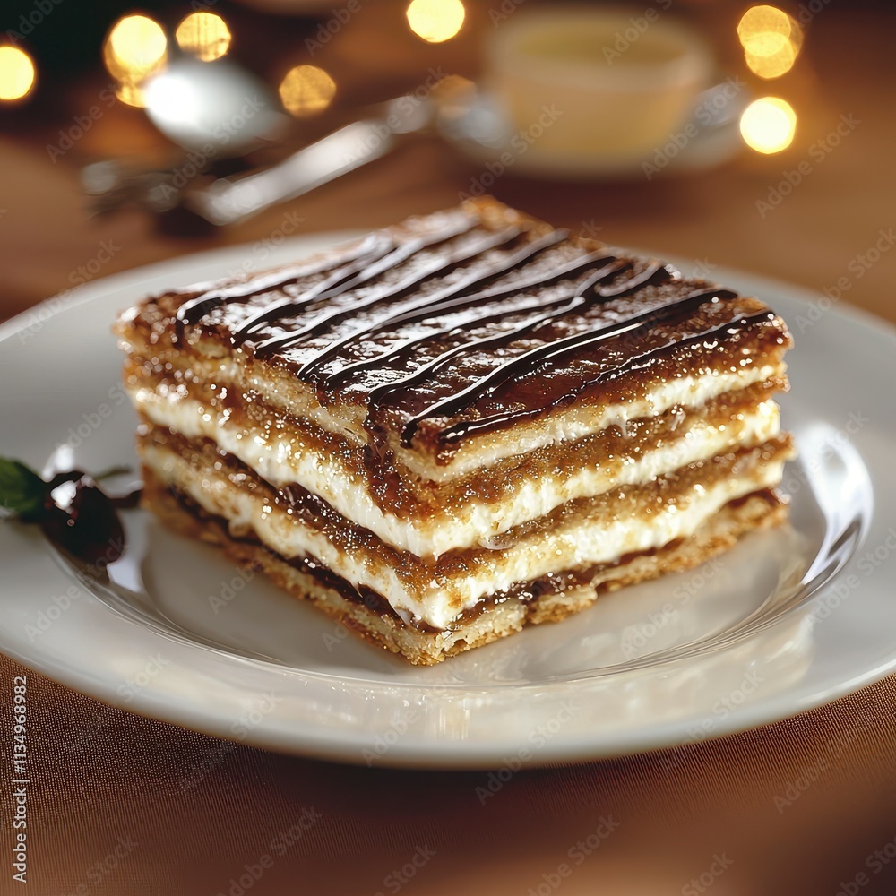 Delicious Layered Chocolate Cake Dessert on White Plate