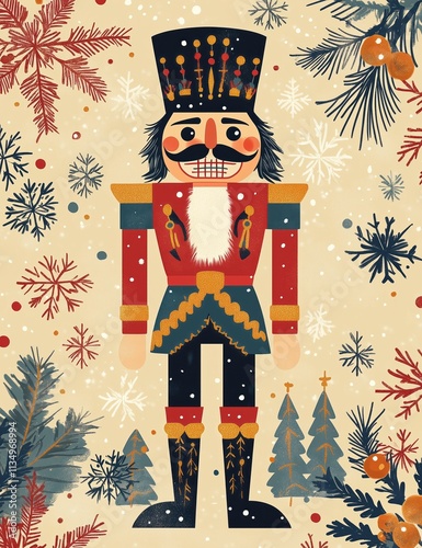 Christmas nutcracker standing amidst festive snowflakes and ornaments