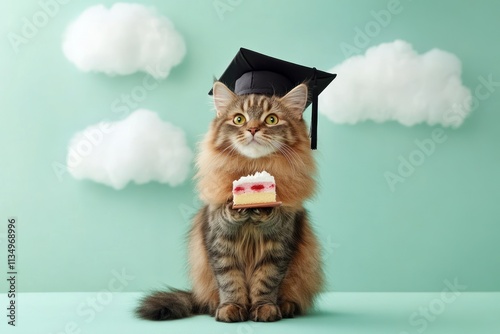 A fluffy cat in a graduation cap holds a slice of cake against a pastel green background with fluffy white clouds. photo