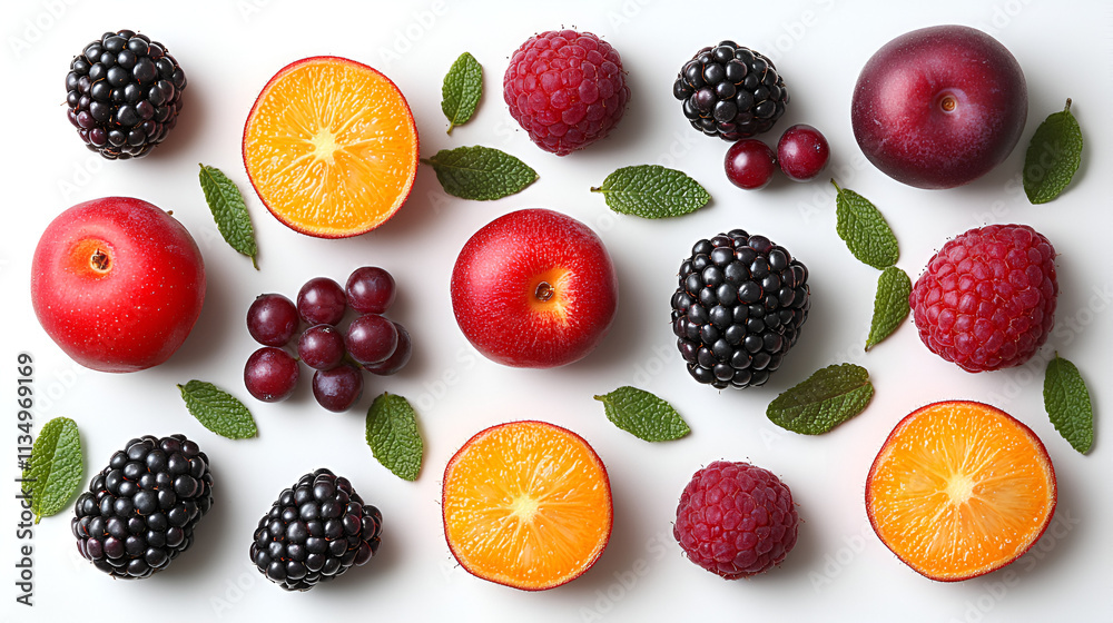 Summer Fruit Flatlay: A vibrant flatlay showcasing an assortment of fresh summer fruits – plums, raspberries, blackberries, and mandarin orange slices artfully arranged with fresh mint leaves. Summer Fruit Flatlay: A vibrant flatlay showcasing an assortment of fresh summer fruits – plums, raspberries, blackberries, and mandarin orange slices artfully arranged with fresh mint leaves.
