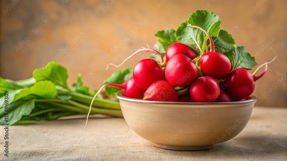 Fresh and Vibrant Ripe Red Radish in a Bowl on a Beige Background, Close-up Vertical Shot for Food Photography and Culinary Inspiration Fresh and Vibrant Ripe Red Radish in a Bowl on a Beige Background, Close-up Vertical Shot for Food Photography and Culinary Inspiration