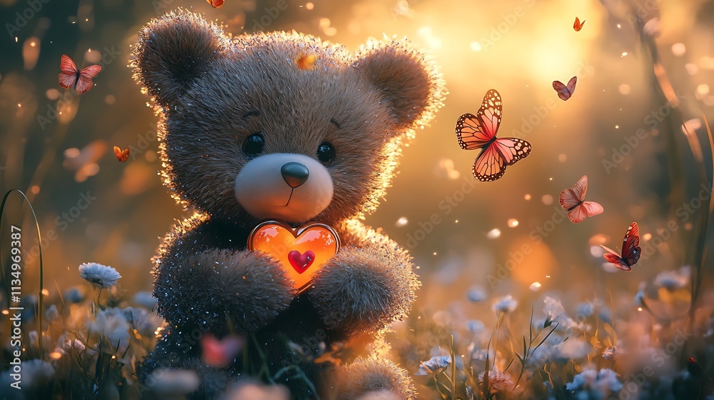 A Plush Bear Holding a Heart Amidst a Field of Flowers and Butterflies A Plush Bear Holding a Heart Amidst a Field of Flowers and Butterflies