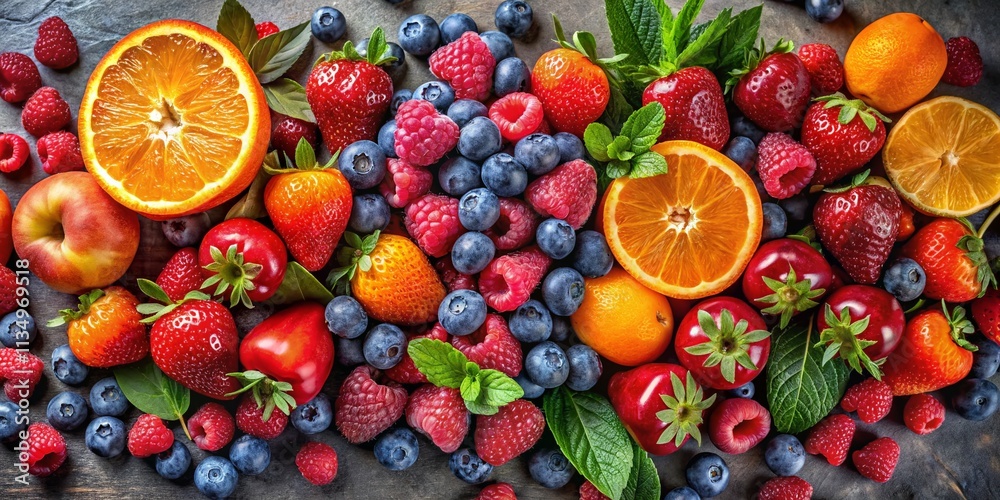 Fresh and Vibrant Variety of Fruits Including Strawberries, Raspberries, Blueberries, and Tangerines Perfectly Arranged with Copy Space for Creative Use in Food Photography Fresh and Vibrant Variety of Fruits Including Strawberries, Raspberries, Blueberries, and Tangerines Perfectly Arranged with Copy Space for Creative Use in Food Photography
