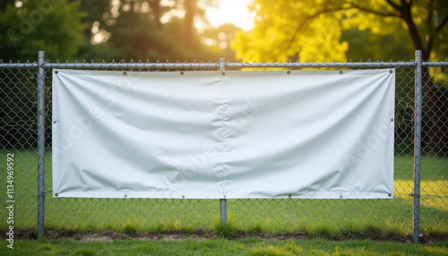 Vinyl banner mockup, empty advertising space, chain-link fence setting, sunset lighting, copy space