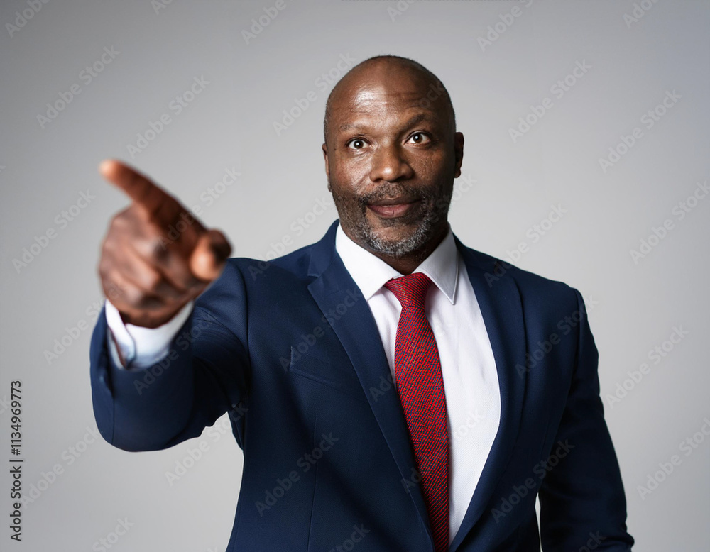 Confident Middle-Aged Black Businessman in Navy Suit Pointing Finger Confident Middle-Aged Black Businessman in Navy Suit Pointing Finger