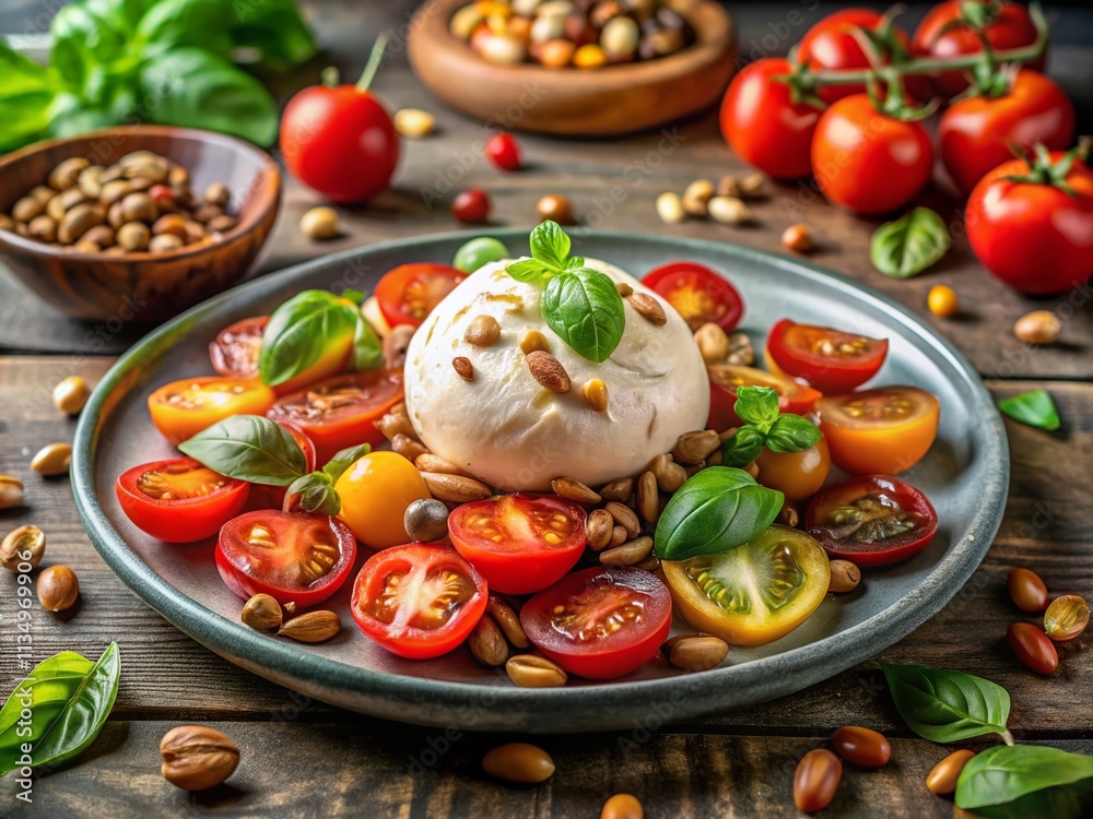 Fresh Burrata and Tomato Caprese Salad with Pine Nuts: A Close-Up of Creamy Cheese and Juicy Tomatoes, Perfectly Arranged for Culinary Photography Fresh Burrata and Tomato Caprese Salad with Pine Nuts: A Close-Up of Creamy Cheese and Juicy Tomatoes, Perfectly Arranged for Culinary Photography