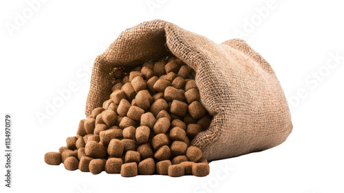 A burlap sack filled with brown pellets. transparent background