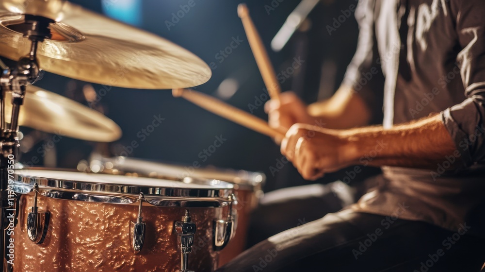 Naklejka premium Drummer playing energetically in a recording studio