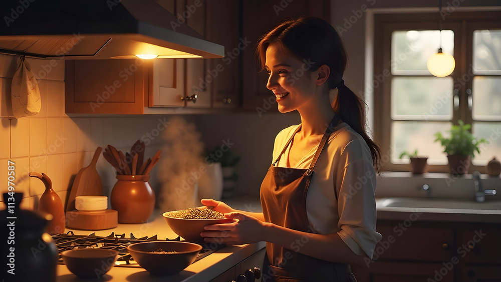 A young woman cooking in the kitchen. A young woman cooking in the kitchen.