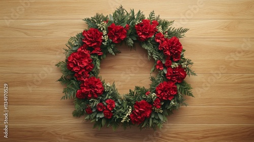 Red carnation and evergreen wreath on wood