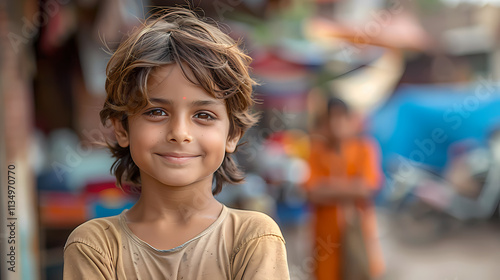Wallpaper Mural Innocence in the City: A young boy with a warm smile gazes directly at the camera, his captivating eyes reflecting a blend of curiosity and resilience amidst the bustling city streets.   Torontodigital.ca