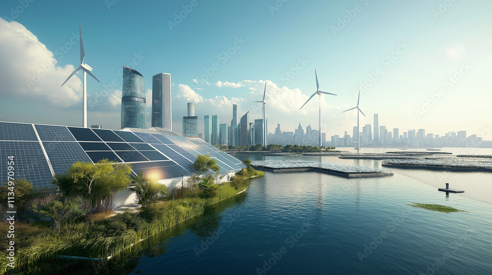 Naklejka premium Futuristic Renewable Energy Concept with Smart Buildings, Solar Panels, and Energy-Collecting Transparent Windows.