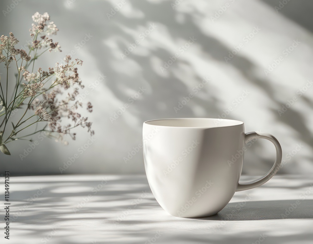 Fototapeta premium A minimalist scene featuring a white mug and delicate flowers, casting soft shadows.