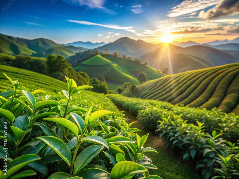 Fototapeta premium Fresh Green Tea Leaves in Lush Tea Plantations of Chiang Rai, Thailand: A Serene and Vibrant Landscape Showcasing Nature’s Bounty and the Art of Tea Cultivation