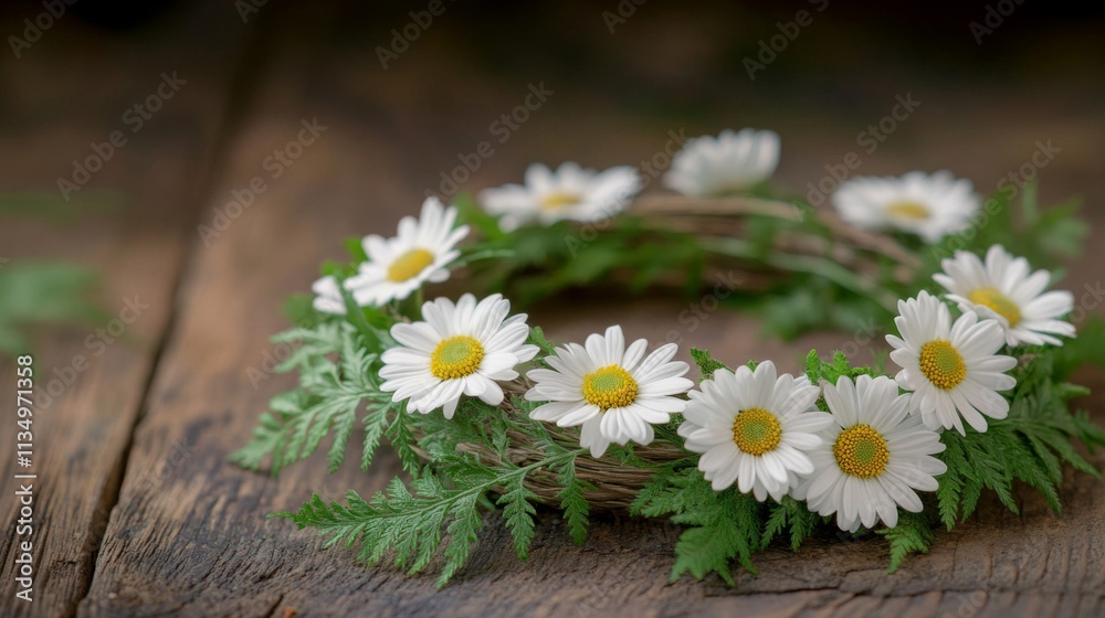 Obraz premium Daisies arranged in a wreath on rustic wood