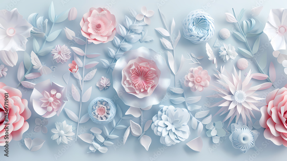 Pastel Paper Flowers: A delightful arrangement of pastel pink and blue paper flowers and leaves creates a delicate and elegant floral border. Pastel Paper Flowers: A delightful arrangement of pastel pink and blue paper flowers and leaves creates a delicate and elegant floral border.