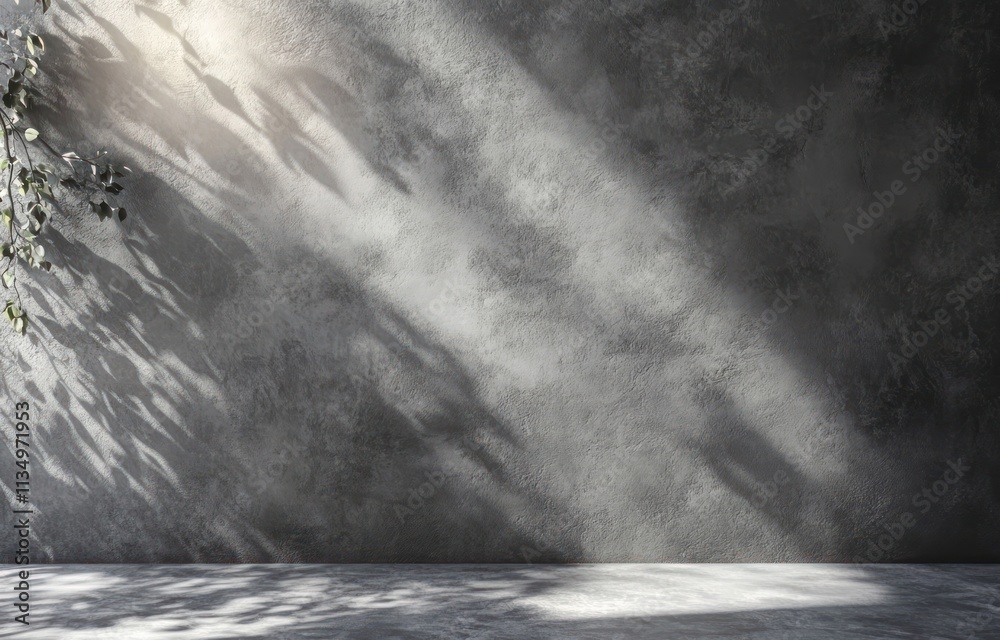 Sunlit grey concrete wall with plant shadows.