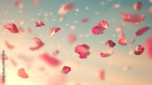 Pink rose petals falling on a pastel sky background.