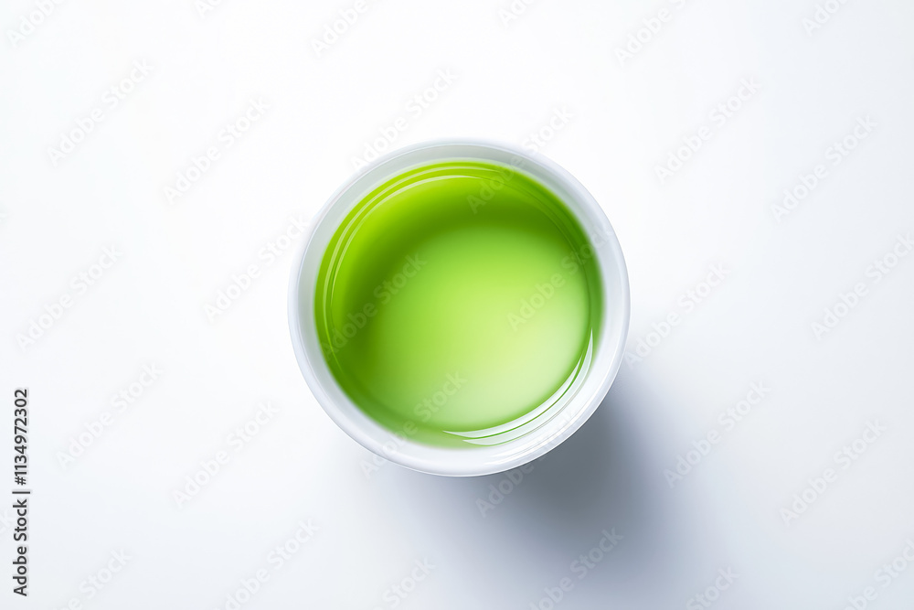White cup with green liquid in it. The cup is sitting on a white surface. The liquid appears to be a type of tea White cup with green liquid in it. The cup is sitting on a white surface. The liquid appears to be a type of tea