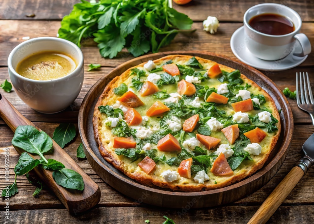 Freshly Baked Salmon and Spinach Frittata with Feta on Rustic Wooden Table Surrounded by Breakfast Essentials for a Cozy Morning Scene Freshly Baked Salmon and Spinach Frittata with Feta on Rustic Wooden Table Surrounded by Breakfast Essentials for a Cozy Morning Scene